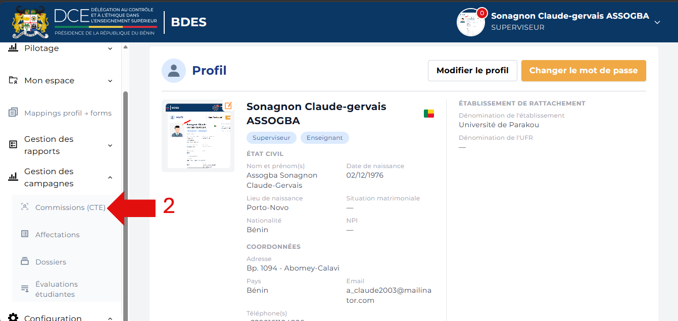 Cliquer sur Commissions (CTE)