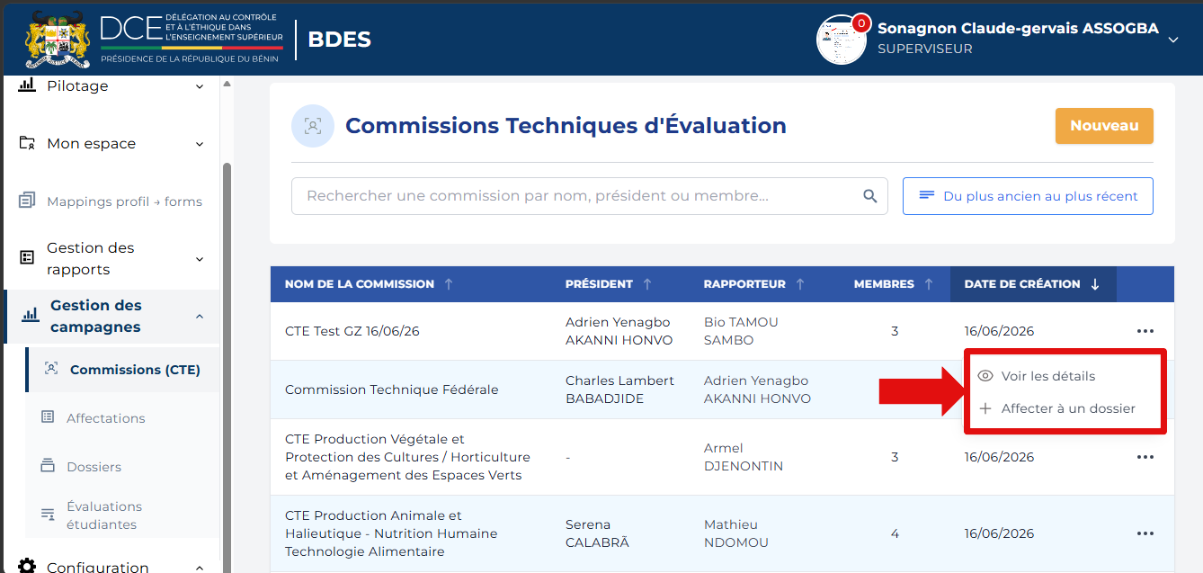 Menu d'options d'une CTE