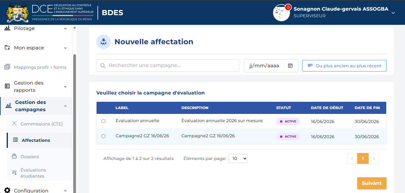Page Nouvelle affectation