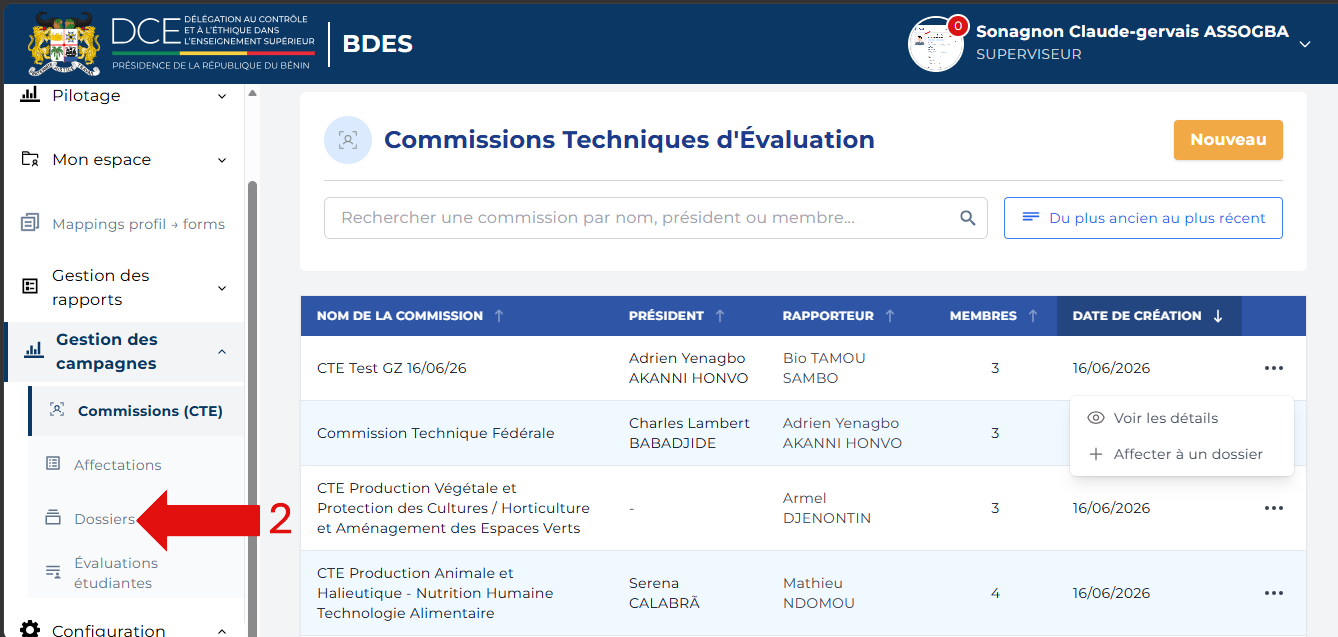 Clic sur Dossiers dans le menu de navigation