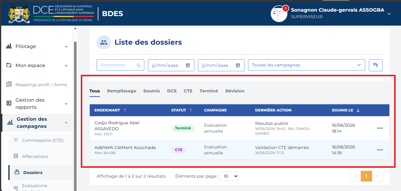 Page Liste des dossiers avec le tableau et les onglets de filtrage