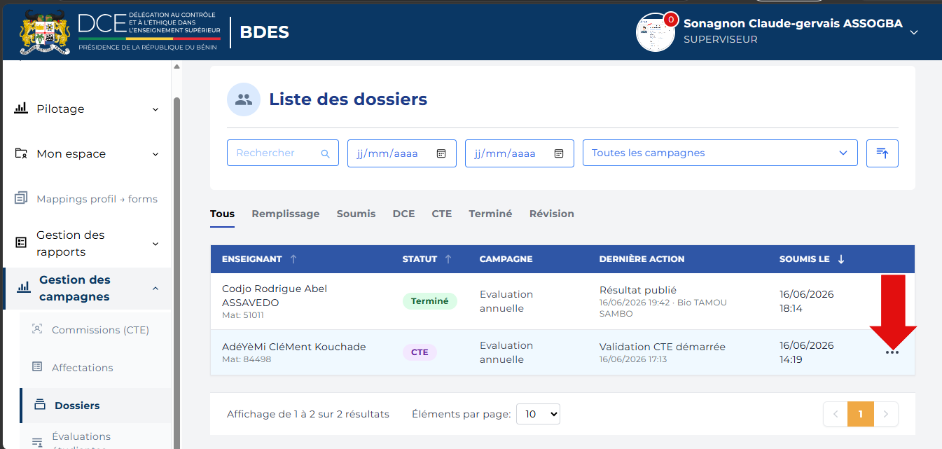 Bouton d'actions ⋯ sur une ligne de dossier