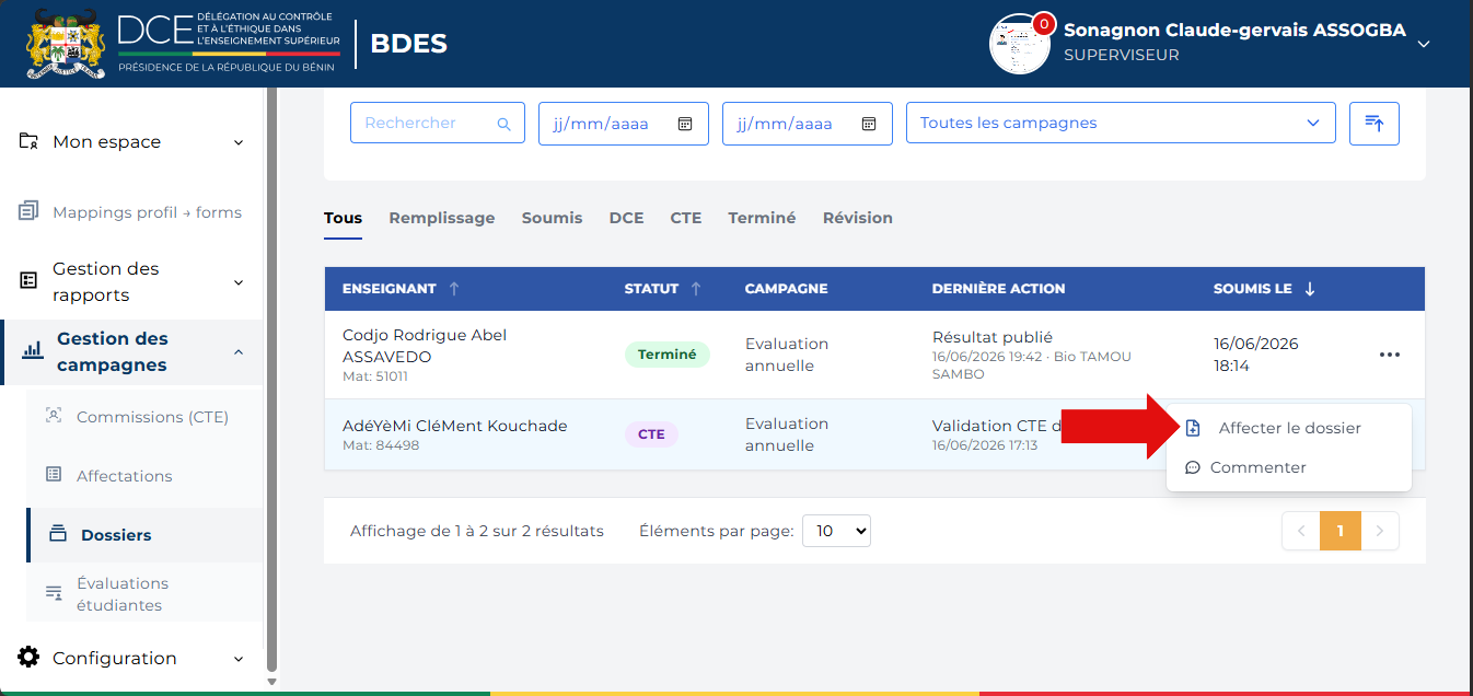 Menu d'actions ouvert avec les options Affecter le dossier et Commenter