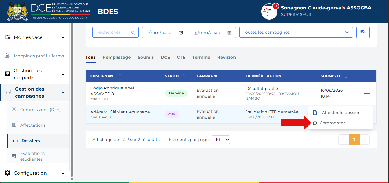 Menu d'actions avec Commenter mis en évidence