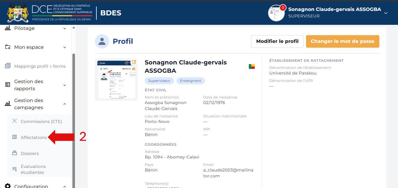 Clic sur Affectations dans le menu de navigation