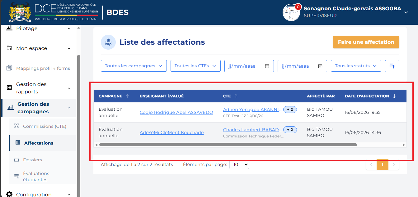 Page Liste des affectations avec le tableau des affectations