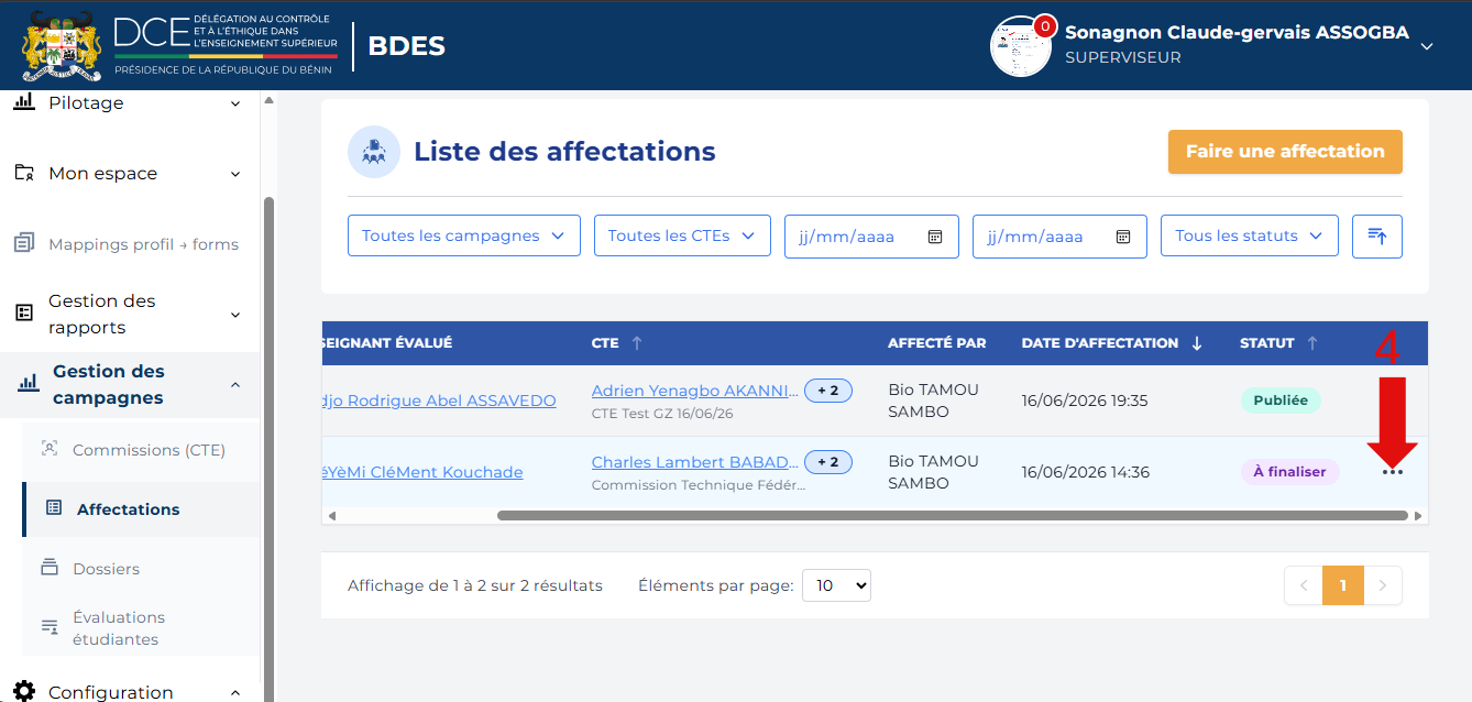 Bouton d'actions ⋯ sur une ligne d'affectation