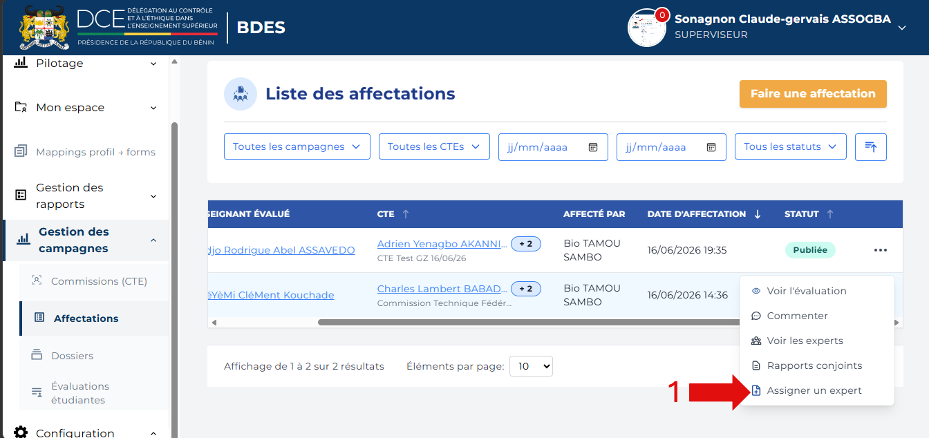 Menu d'actions avec Assigner un expert mis en évidence