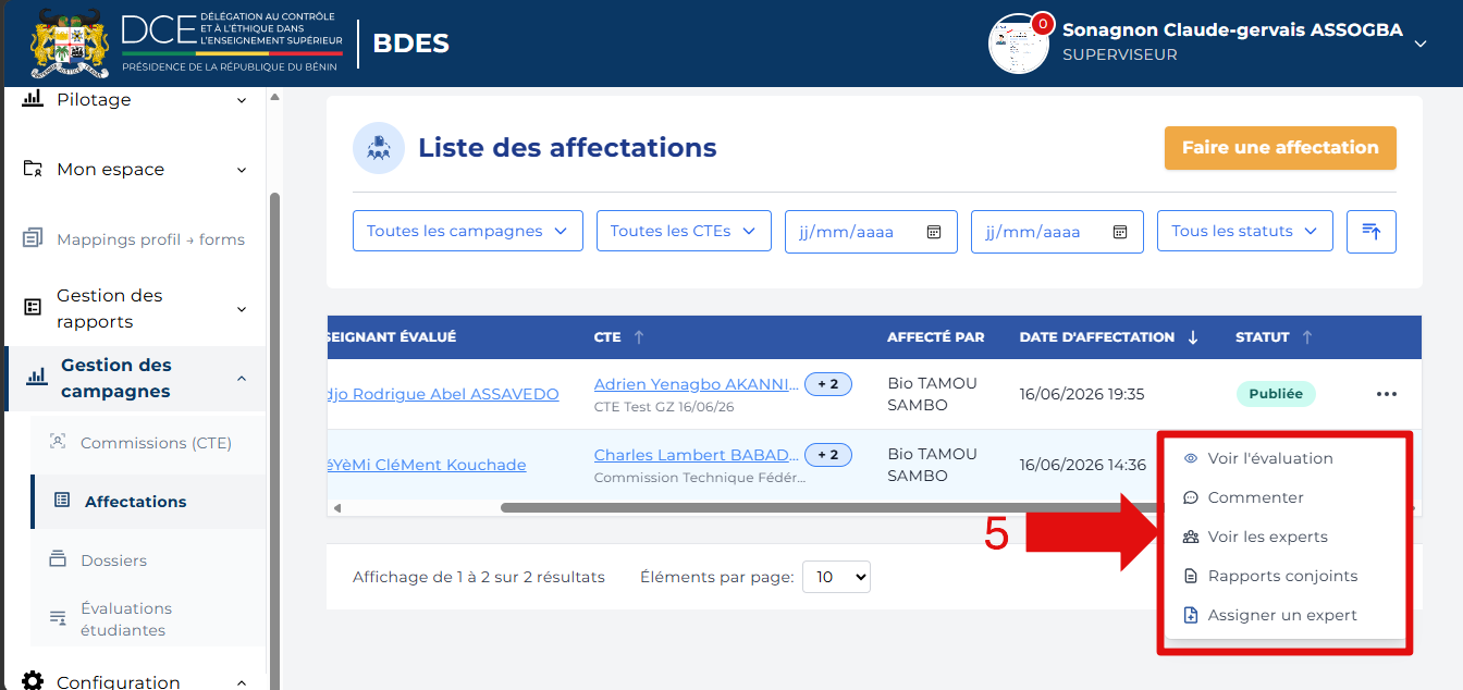 Menu d'actions ouvert avec les cinq options disponibles