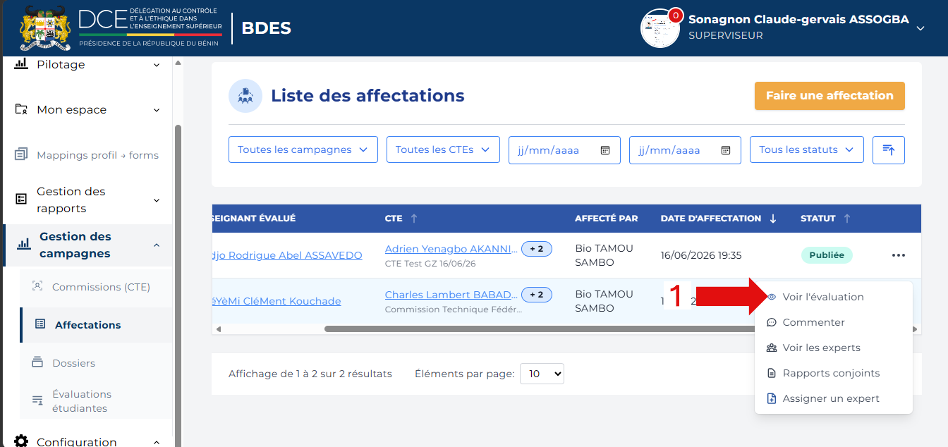 Menu d'actions avec Voir l'évaluation mis en évidence
