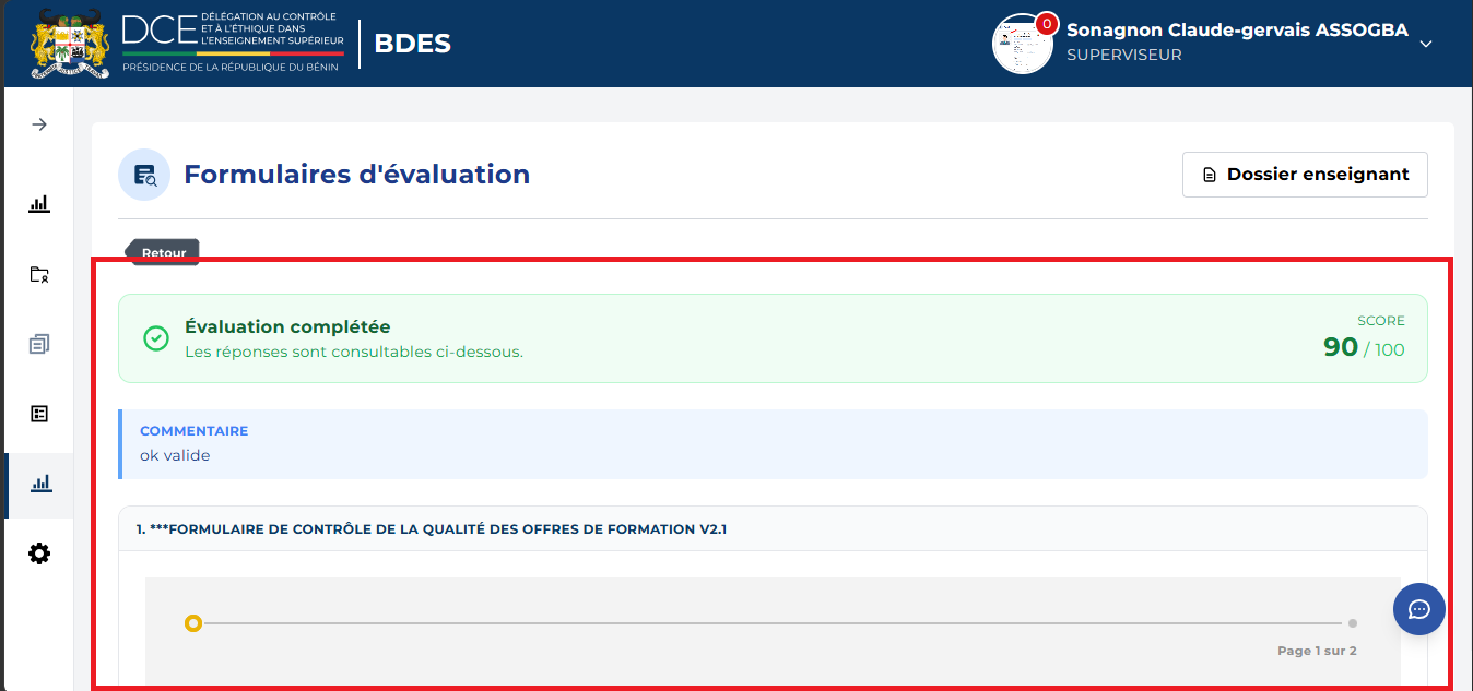 Page Formulaires d'évaluation avec le score et le bouton Dossier enseignant
