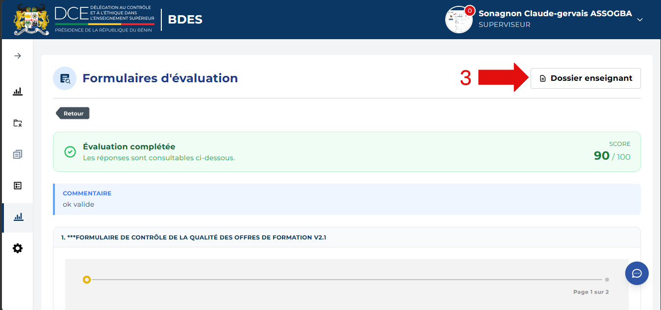 Page Formulaires d'évaluation avec le score et le bouton Dossier enseignant