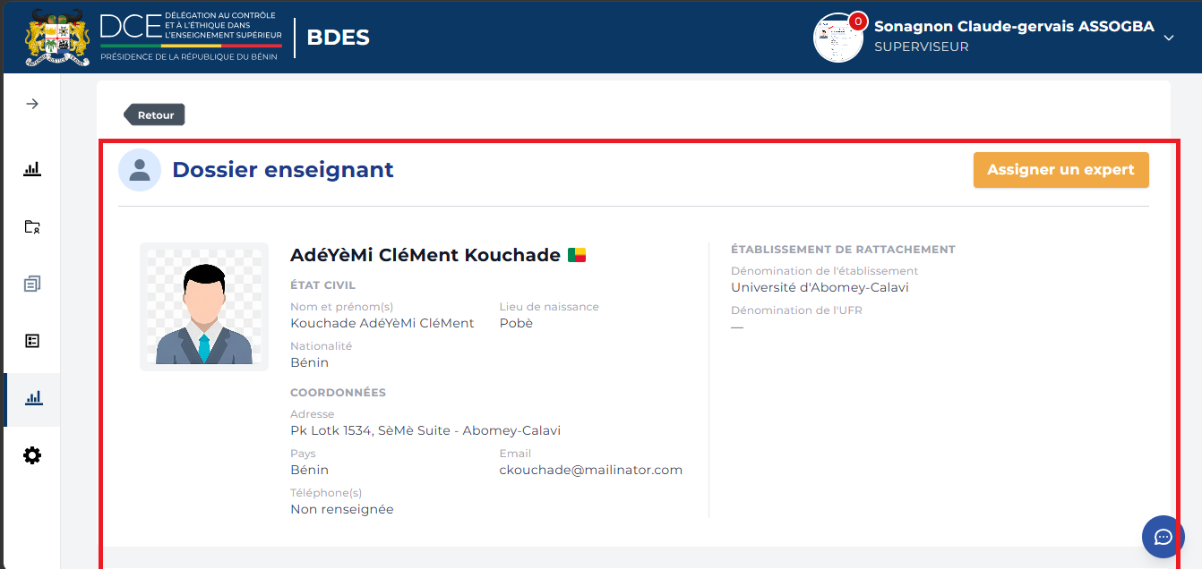 Page Dossier enseignant avec le bouton Assigner un expert