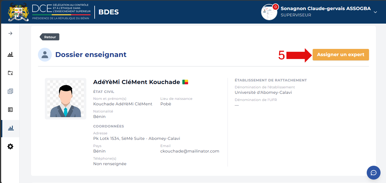 Page Dossier enseignant avec le bouton Assigner un expert