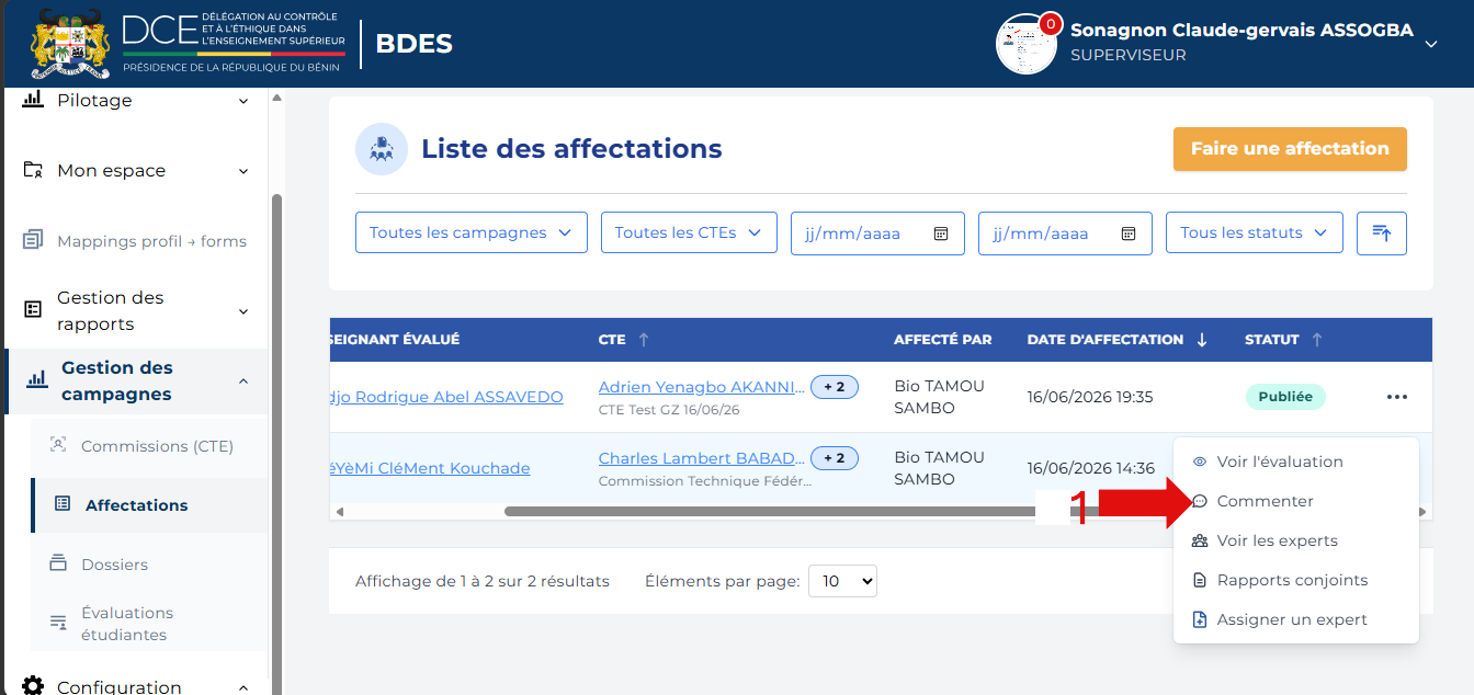 Menu d'actions avec Commenter mis en évidence