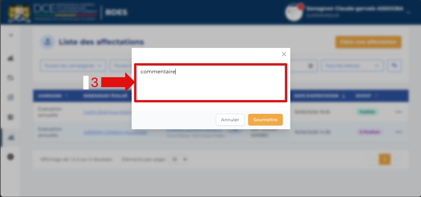 Champ de saisie avec le commentaire rédigé
