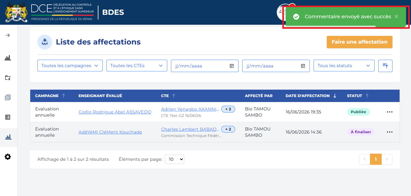 Message de confirmation Commentaire envoyé avec succès