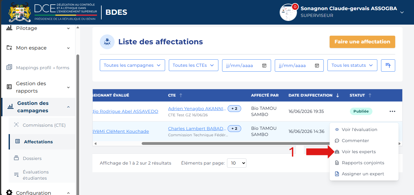 Menu d'actions avec Voir les experts mis en évidence