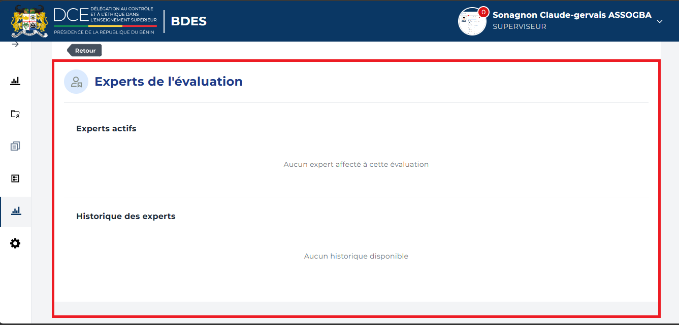 Page Experts de l'évaluation avec les sections Experts actifs et Historique des experts