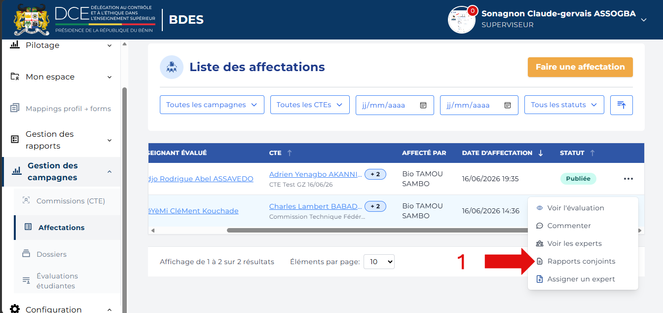 Menu d'actions avec Rapports conjoints mis en évidence
