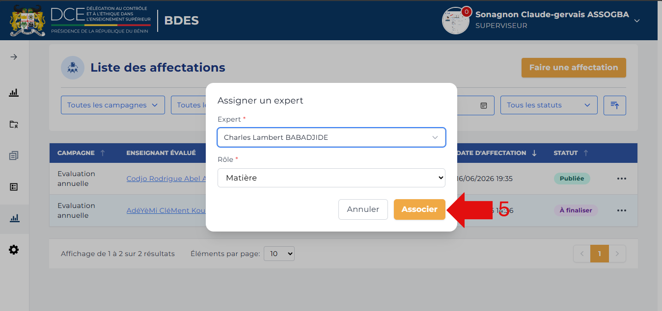 Fenêtre complétée avec l'expert et le rôle sélectionnés, bouton Associer mis en évidence