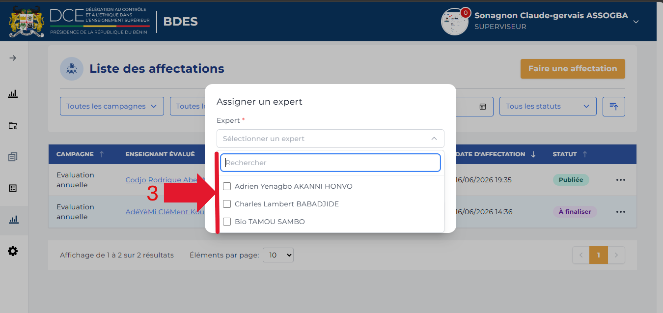 Liste déroulante des experts disponibles