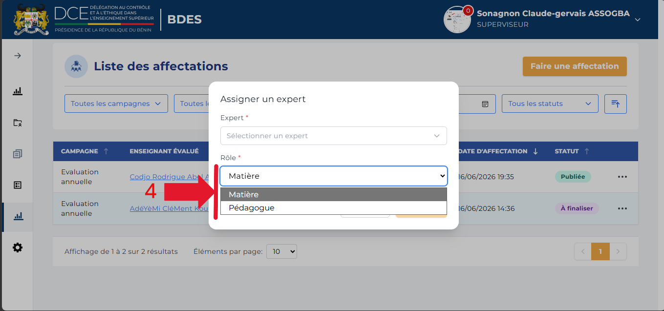 Liste déroulante du rôle avec les options Matière et Pédagogue
