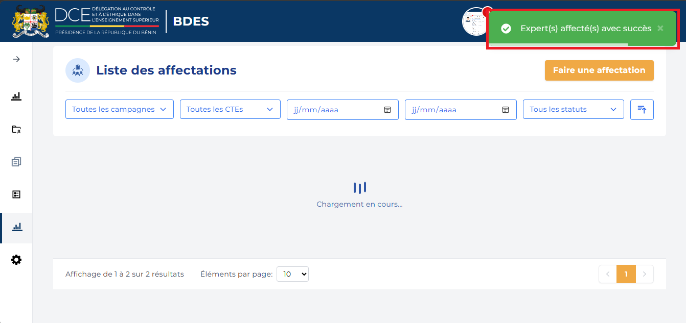 Message de confirmation Expert(s) affecté(s) avec succès