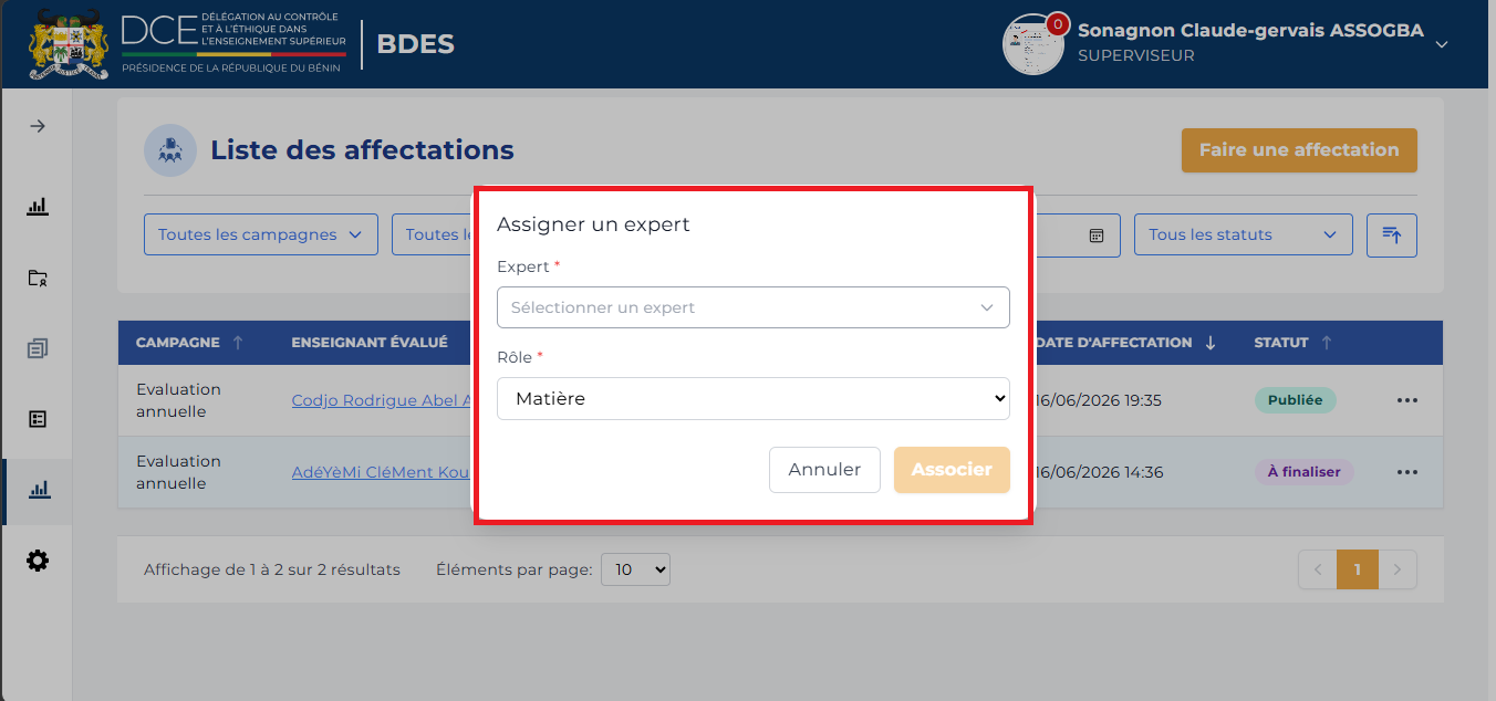 Fenêtre Assigner un expert avec les champs Expert et Rôle vides