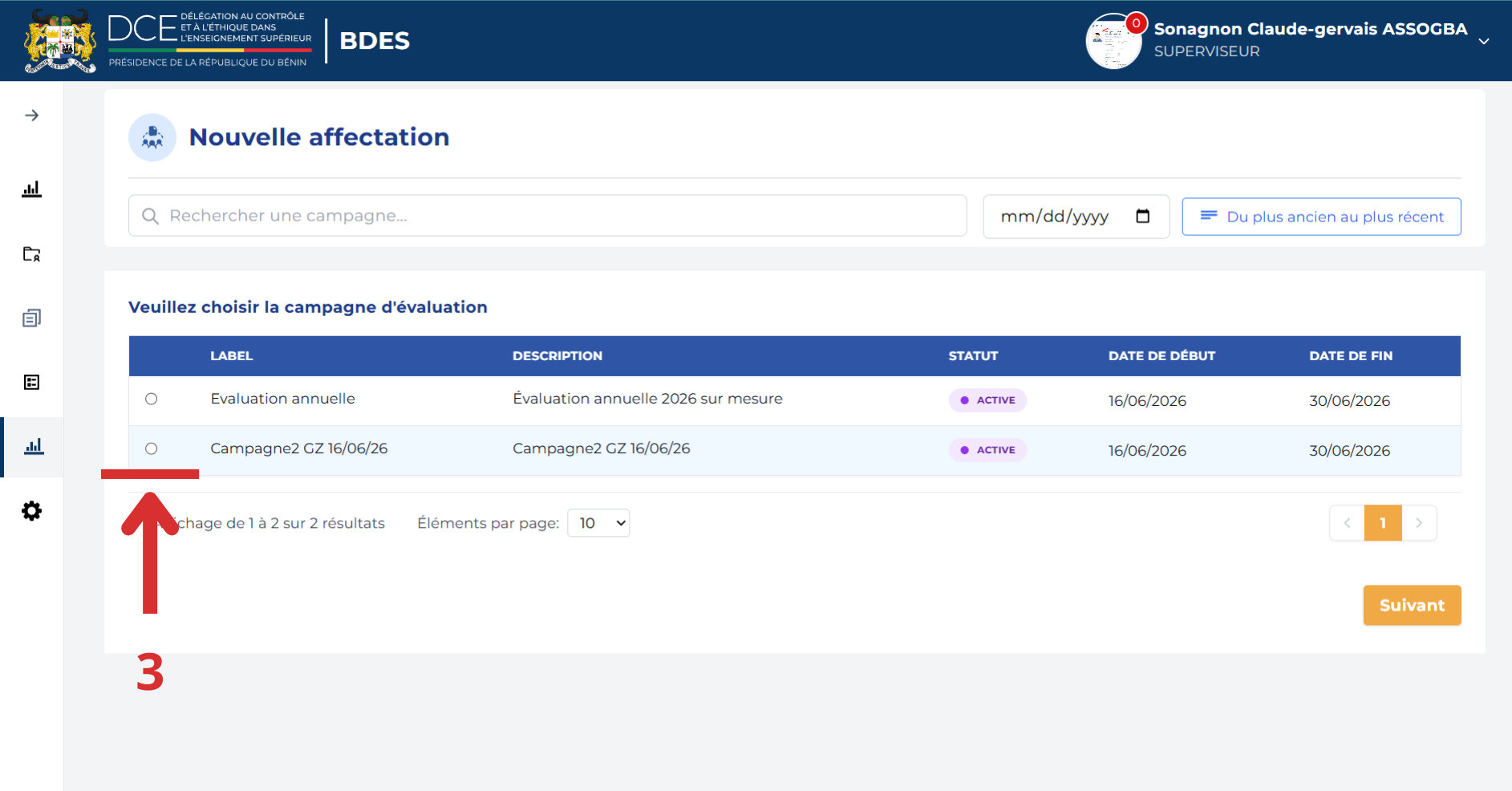 Sélection de la campagne d'évaluation