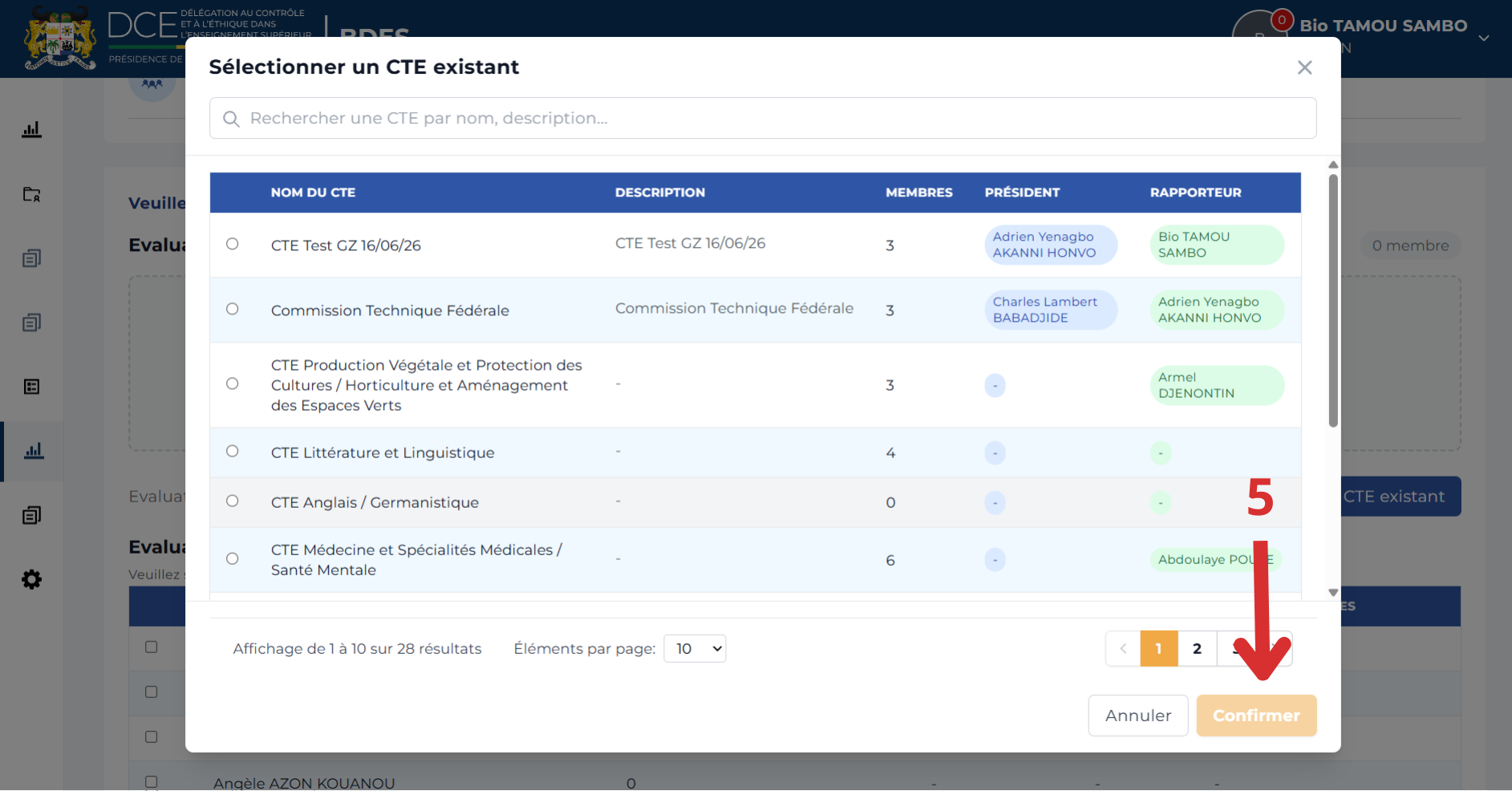 Confirmation de la sélection de la CTE