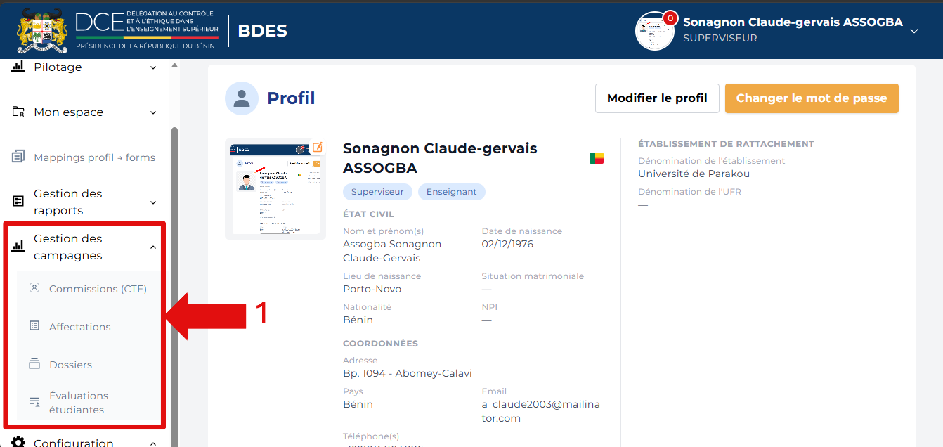 Tableau de bord avec la section Gestion des campagnes visible dans le menu