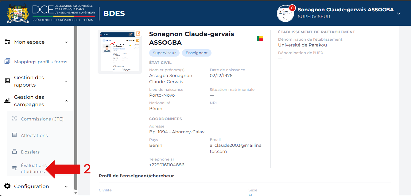 Clic sur Évaluations étudiantes dans le menu de navigation