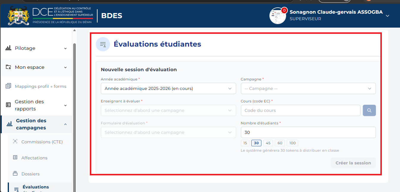 Page Évaluations étudiantes avec le formulaire Nouvelle session d'évaluation