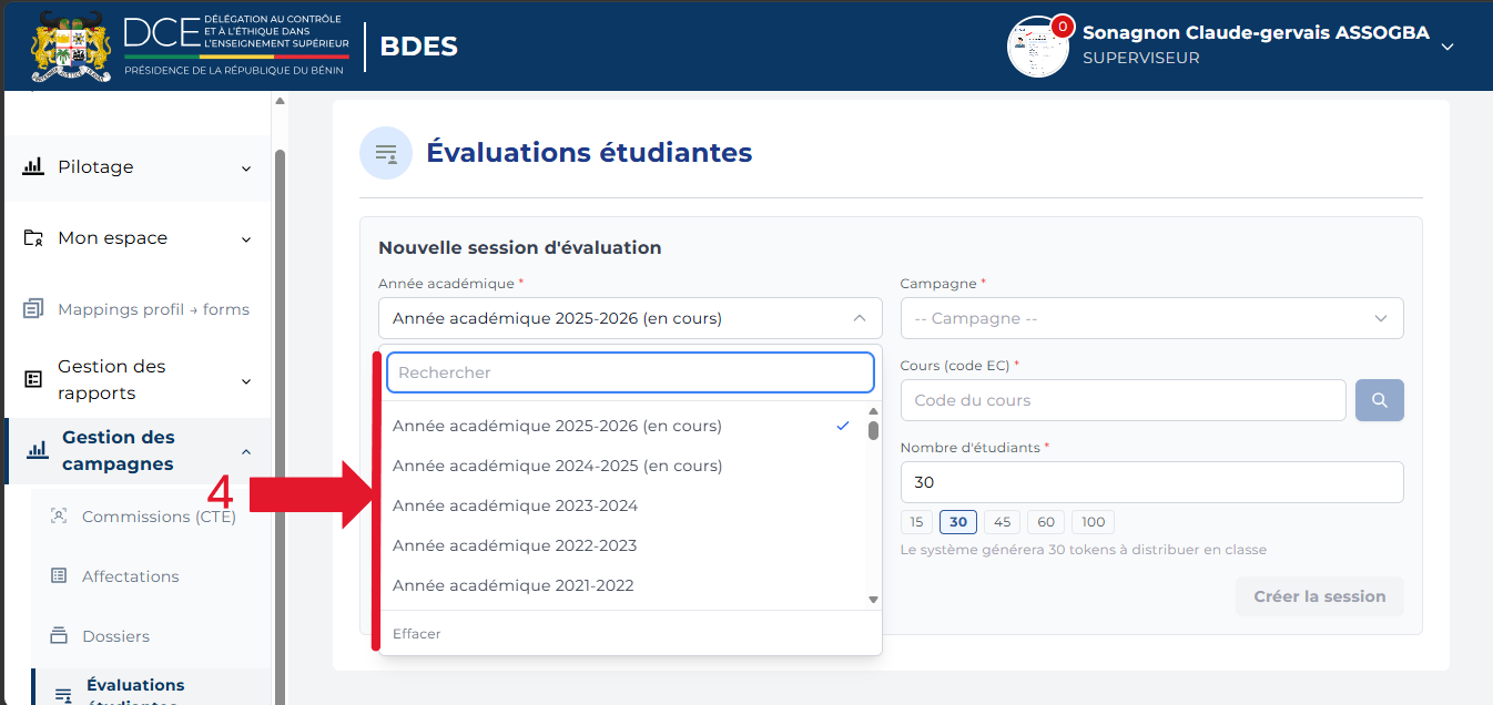 Liste déroulante des années académiques disponibles