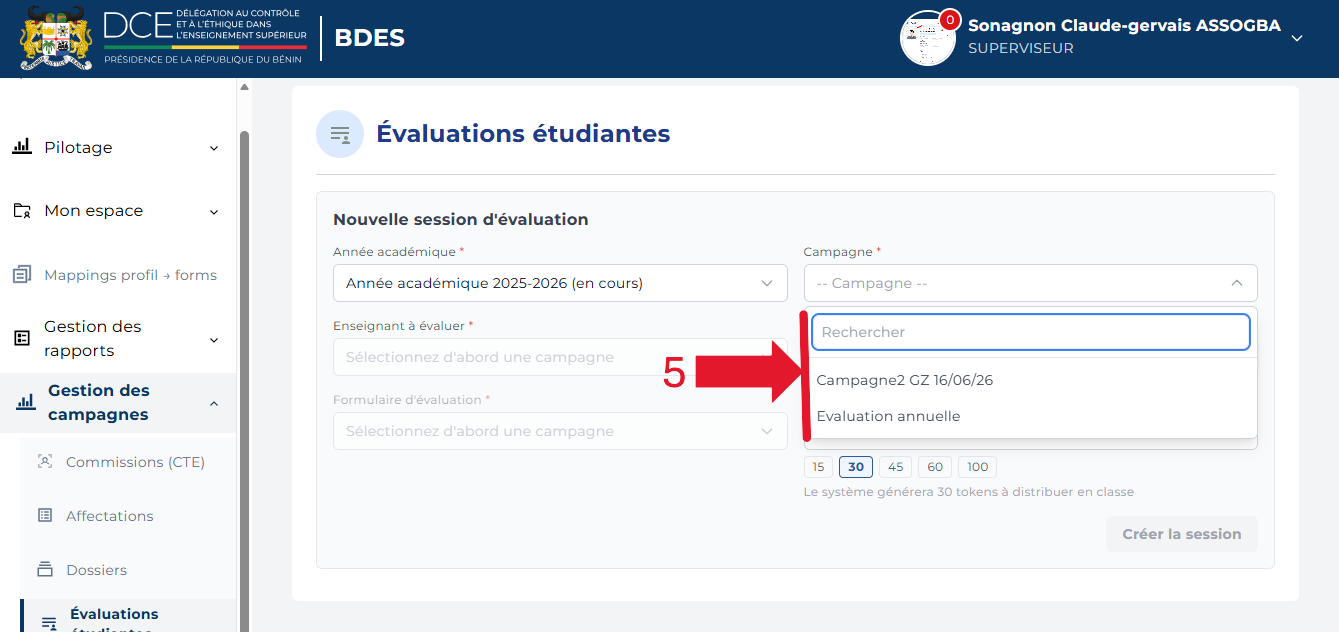 Liste déroulante des campagnes disponibles