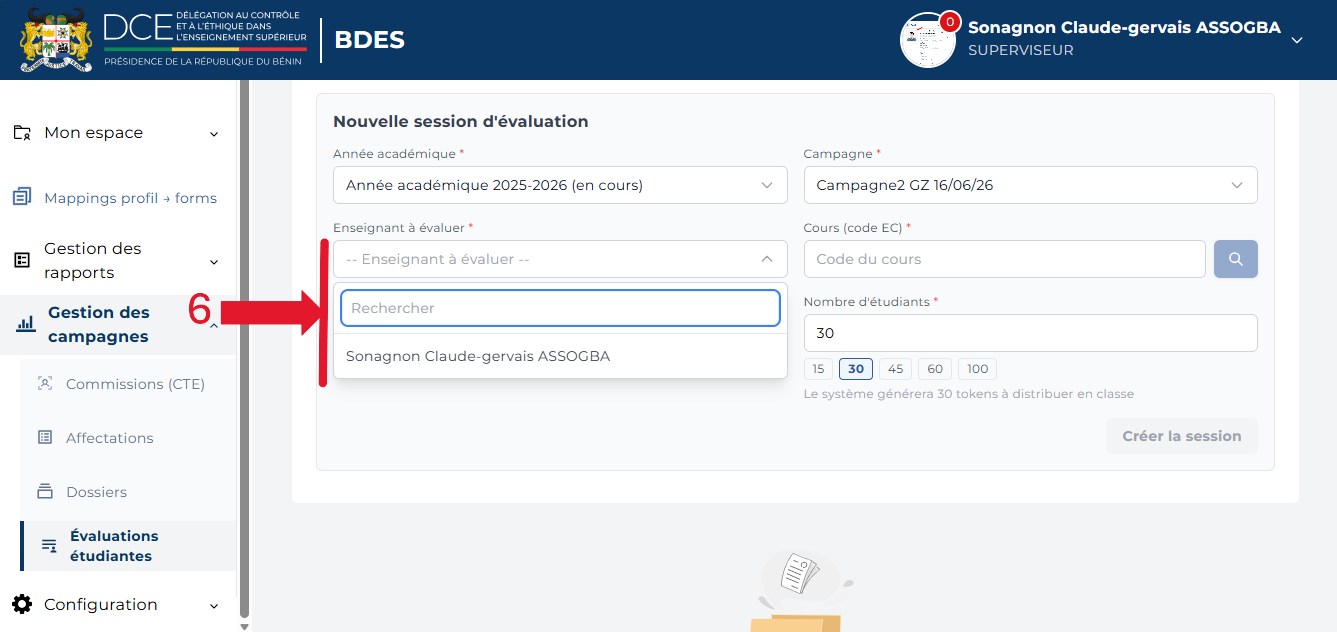 Liste déroulante des enseignants à évaluer
