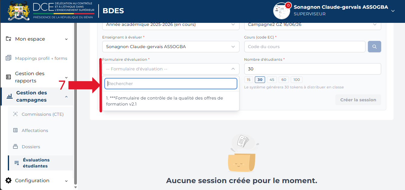 Liste déroulante des formulaires d'évaluation disponibles
