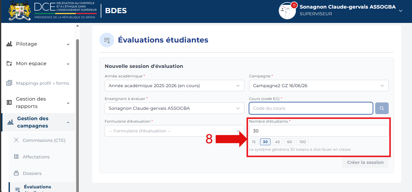Champ Nombre d'étudiants avec les raccourcis et le message de génération de tokens