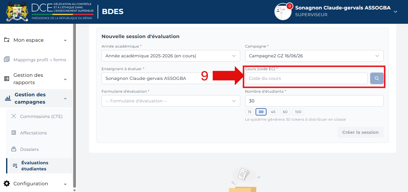 Champ Cours code EC mis en évidence