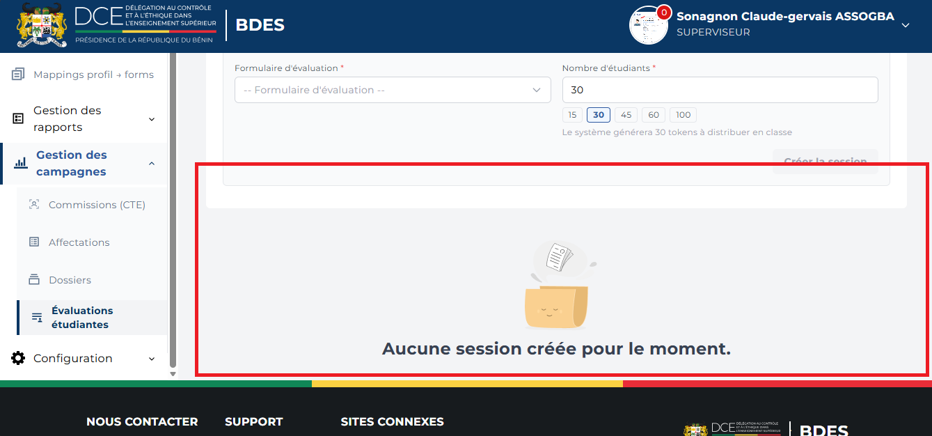 Liste des sessions sous le formulaire