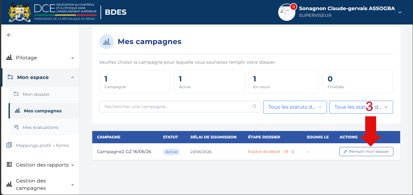 Bouton Remplir mon dossier sur la page Mes campagnes