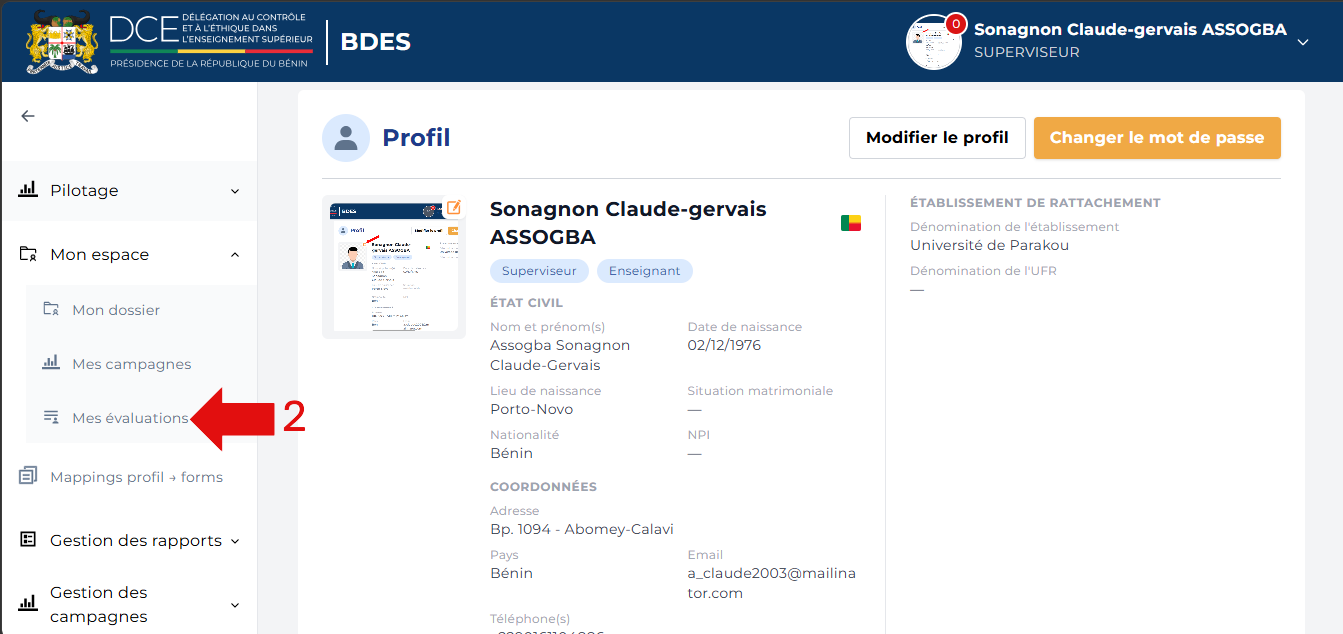 Cliquer sur Évaluations dans le menu