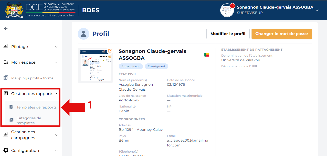 Page profil avec Gestion des rapports déplié