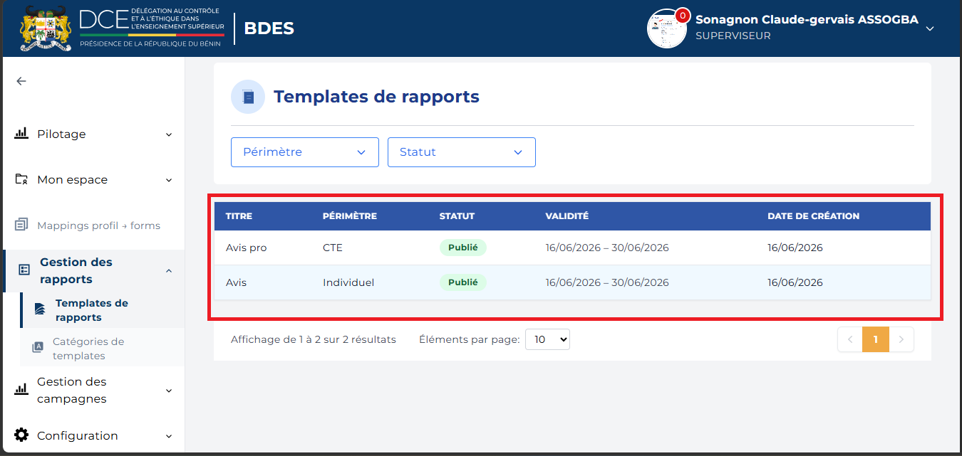 Page Templates de rapports