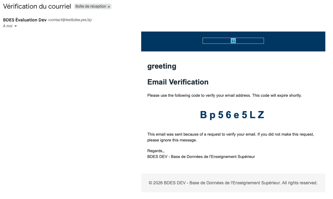 Email reçu contenant le code de vérification
