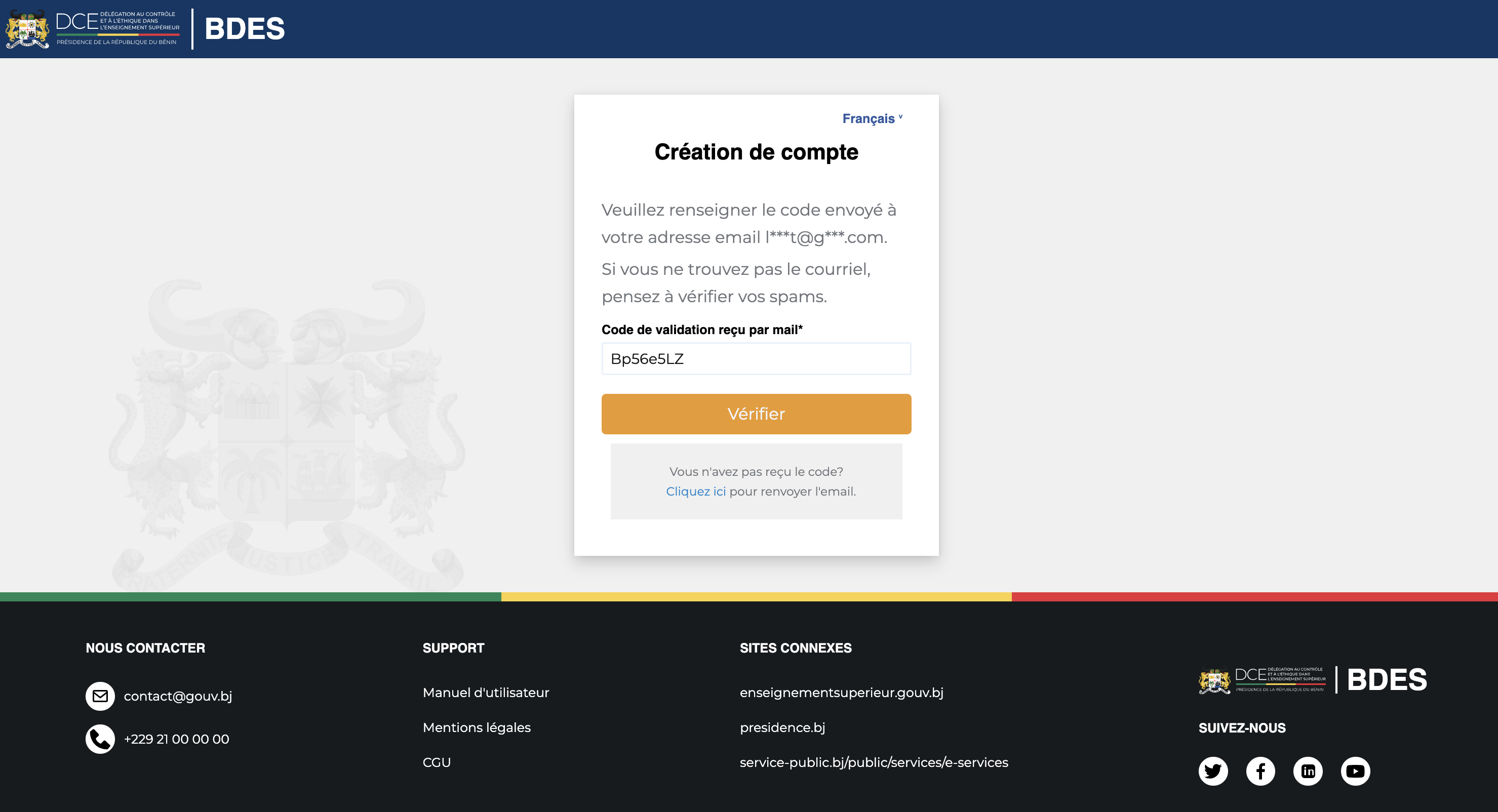 Page Création de compte — saisie du code de vérification