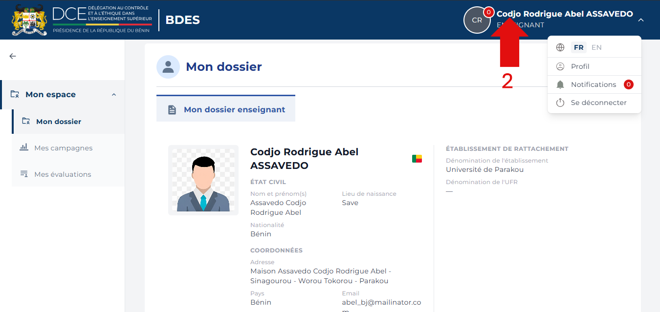 Menu de navigation ouvert