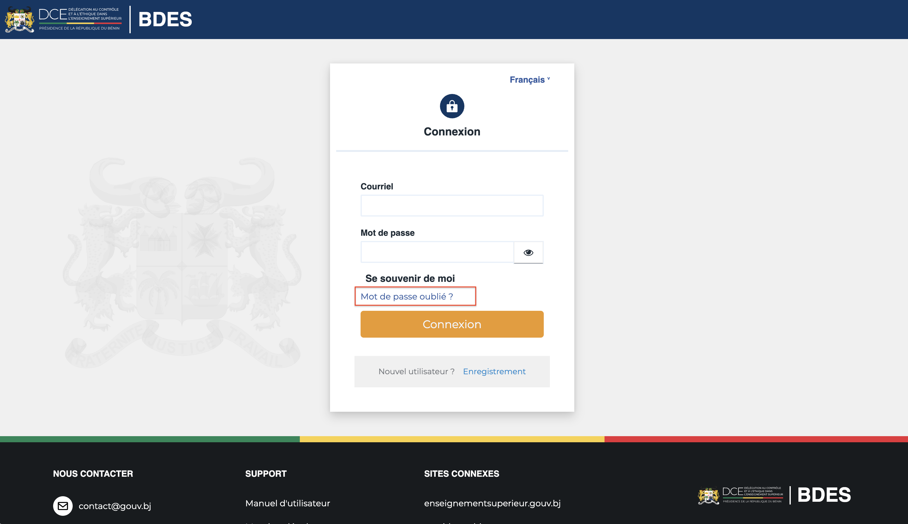 Page de connexion avec le lien Mot de passe oublié