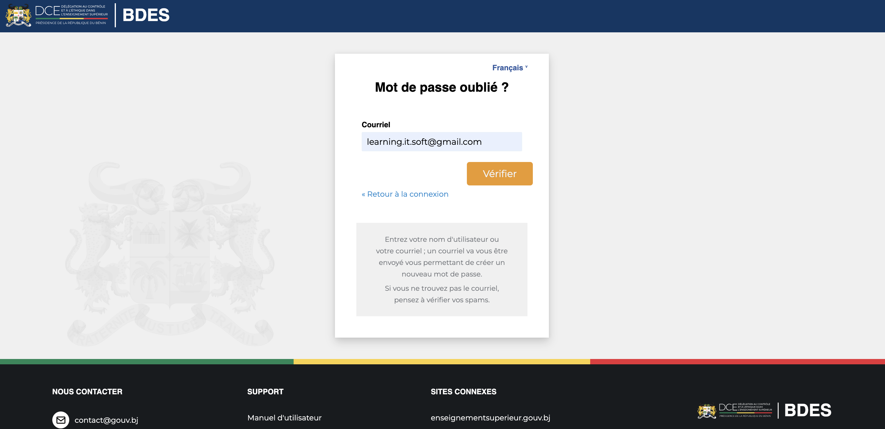 Formulaire Mot de passe oublié avec saisie de l'email